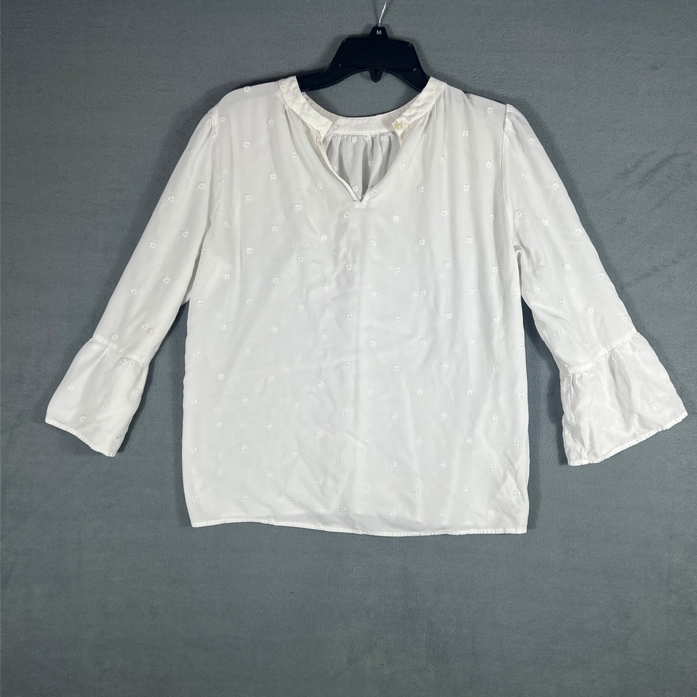 LOFT Womens Blouse Size M White Embroidered Relaxed 3/4 Bell Sleeve Floral VNeck